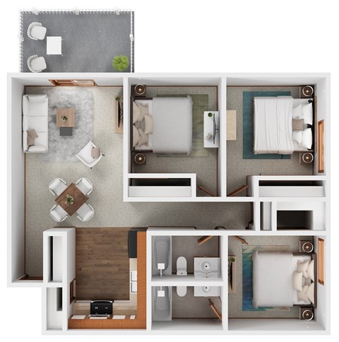 Floor plan for 3 beds, 2 baths, 1164 sqft